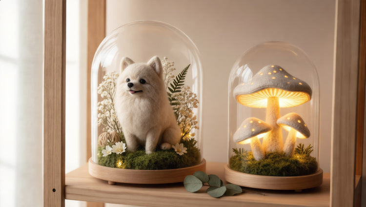 A needle-felted wool dog portrait under a glass dome beside a glowing mushroom lamp on a pale wood shelf
