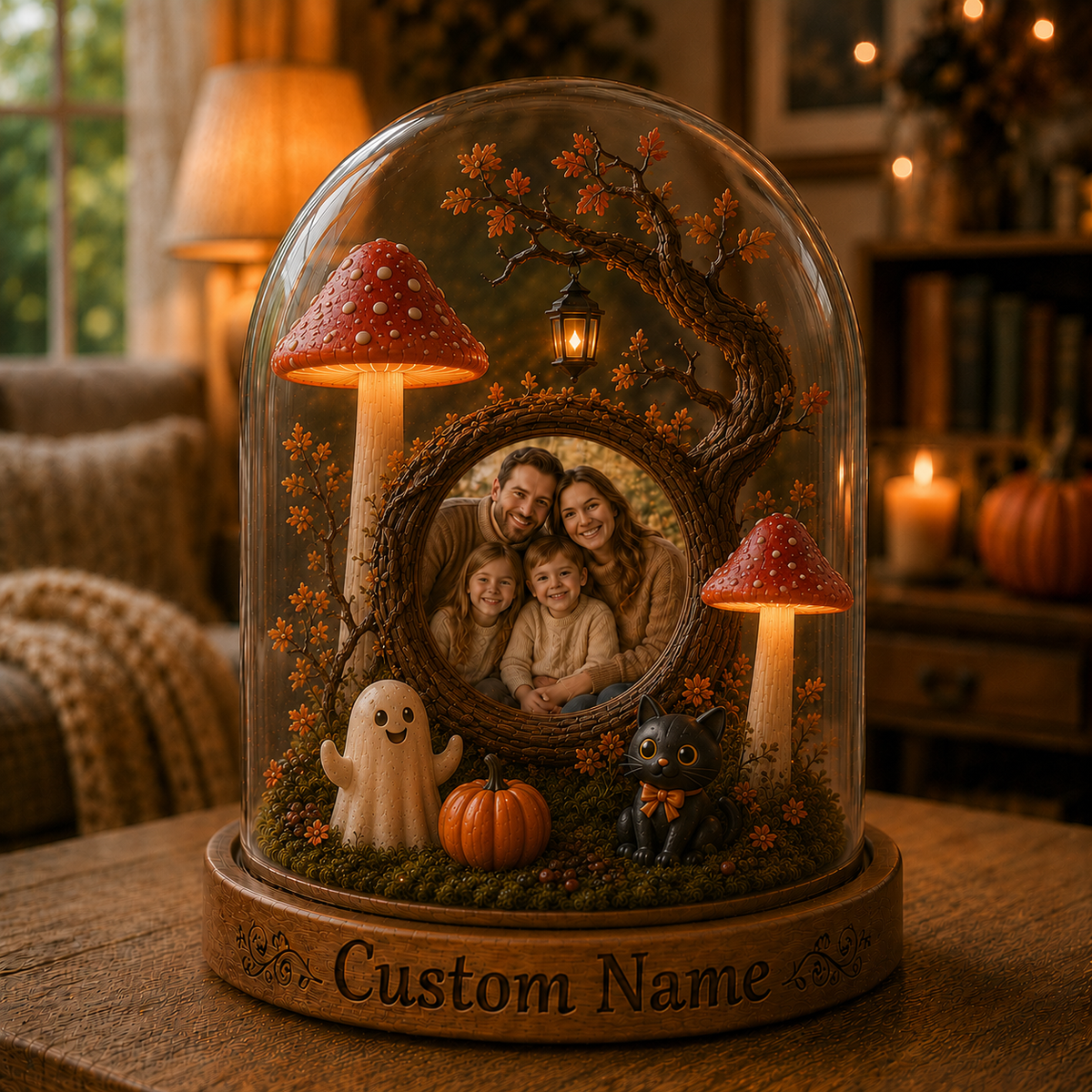 Custom Family Photo Ghost and Black Cat Lamp