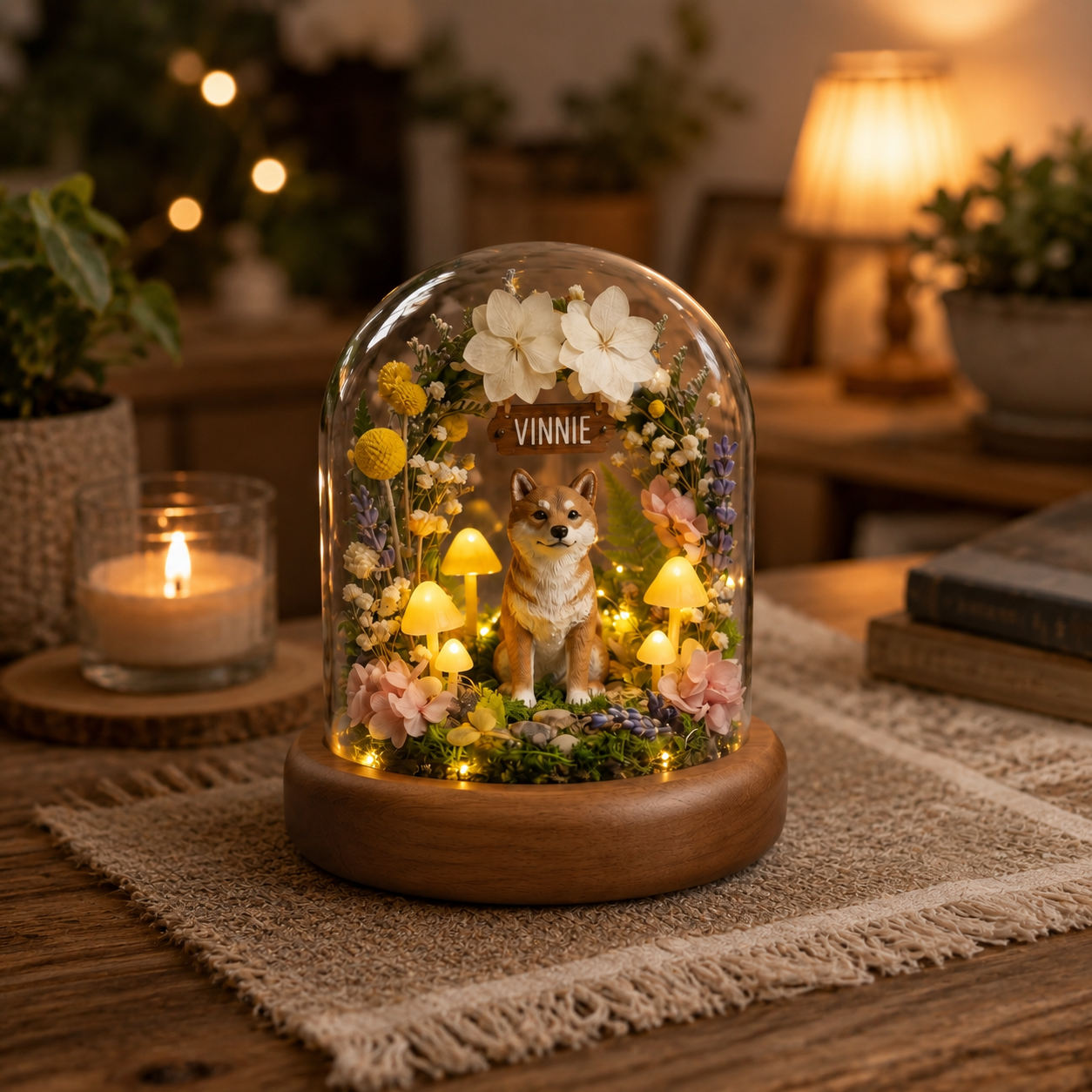 Custom Shiba Inu Memorial Lamp With Dried Florals