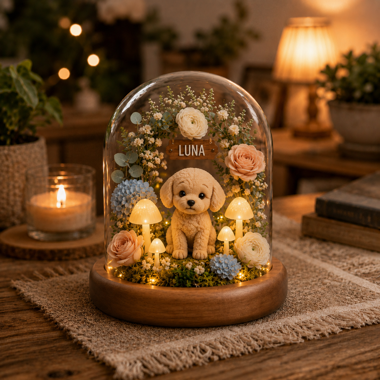 Custom Dog Figurine Lamp with Pastel Floral Arch