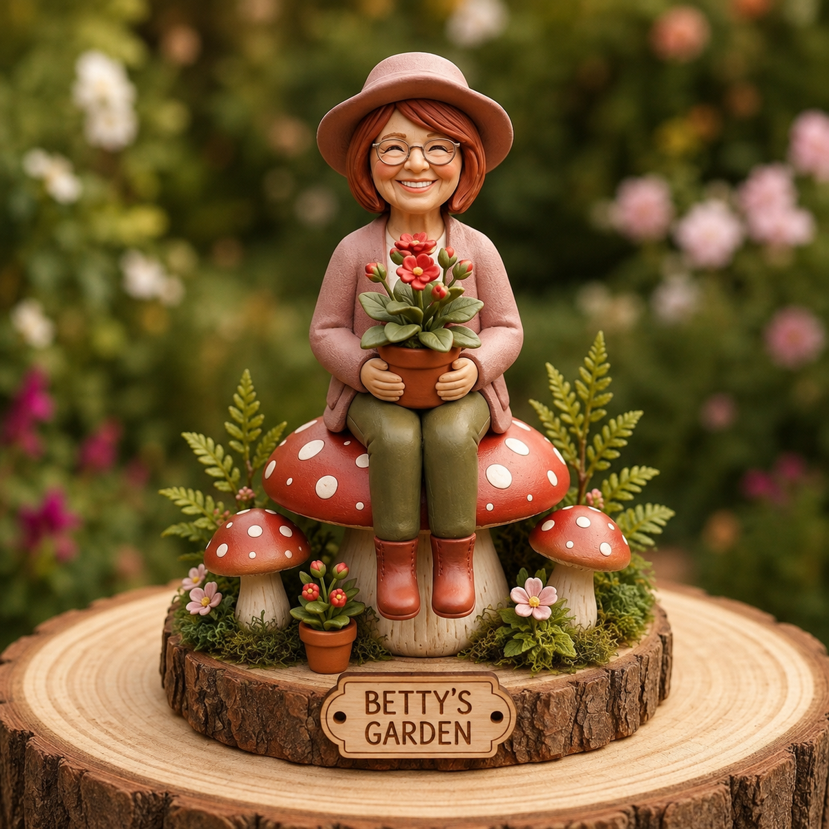 Personalized Gardener Figurine With Clay Mushrooms
