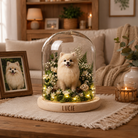 Custom Wool Felt Dog Memorial Portrait in Glass Dome