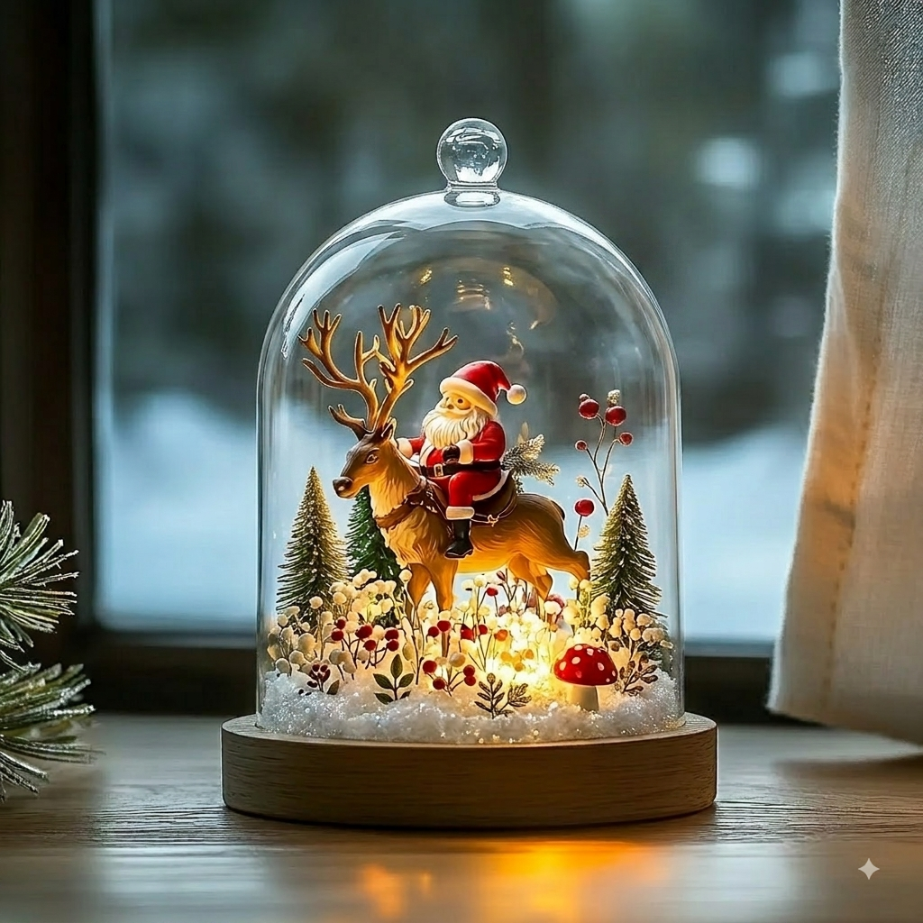 Santa and Christmas Tree Night Light, Glass Dome Lamp