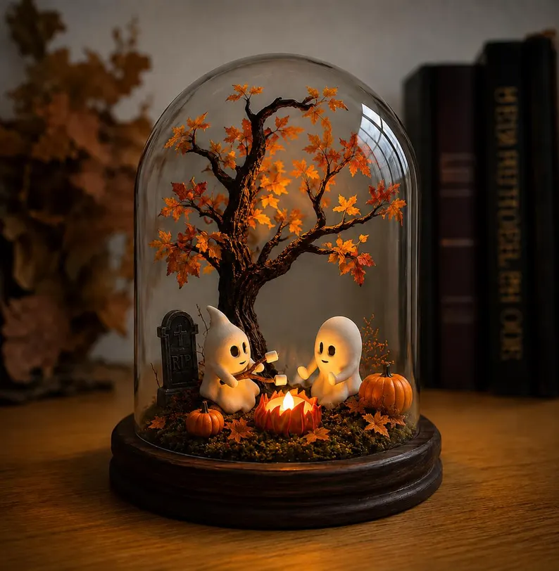 Glowing Ghost Campfire Halloween Cloche Lamp