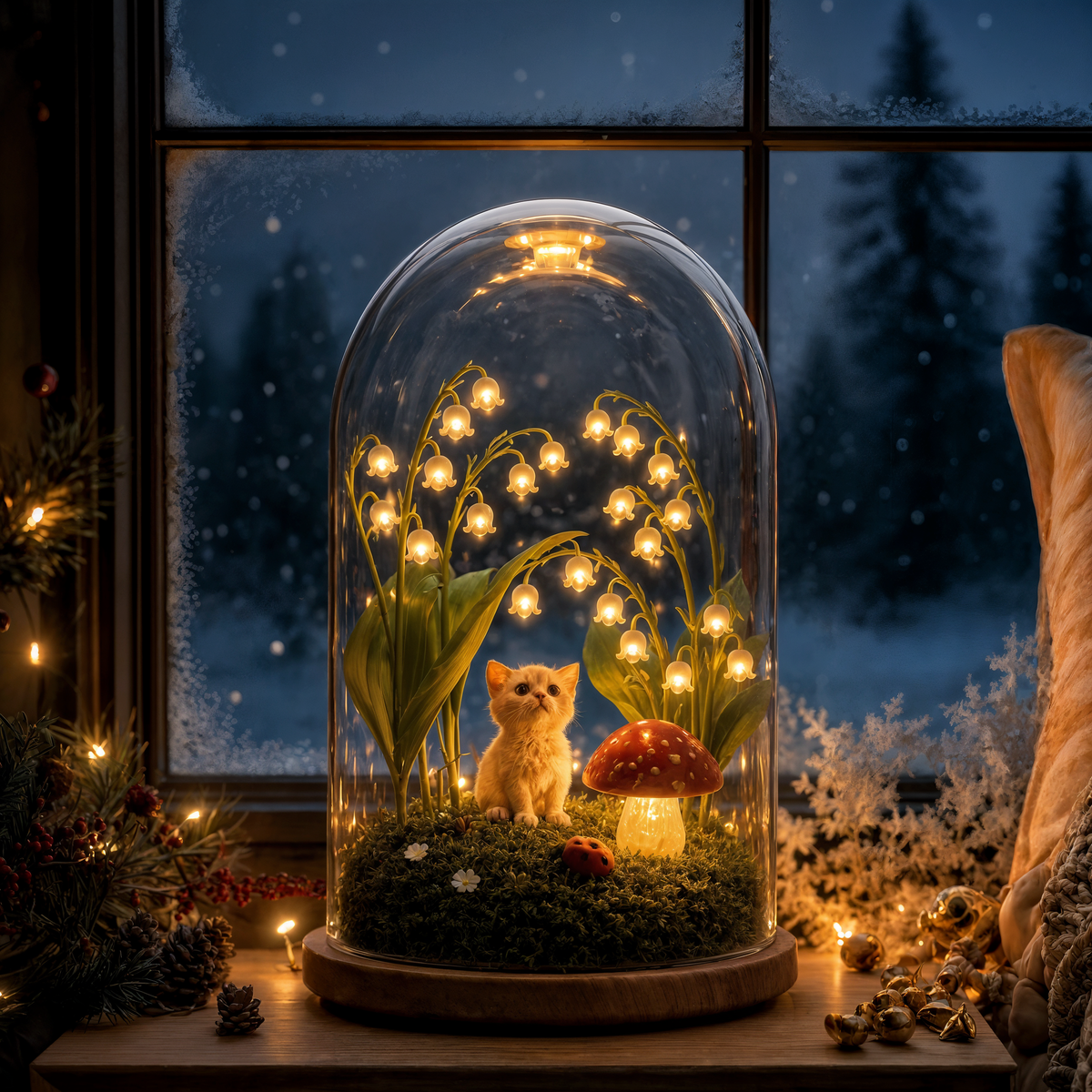 Sleeping Cat Lily of the Valley Glass Dome Lamp