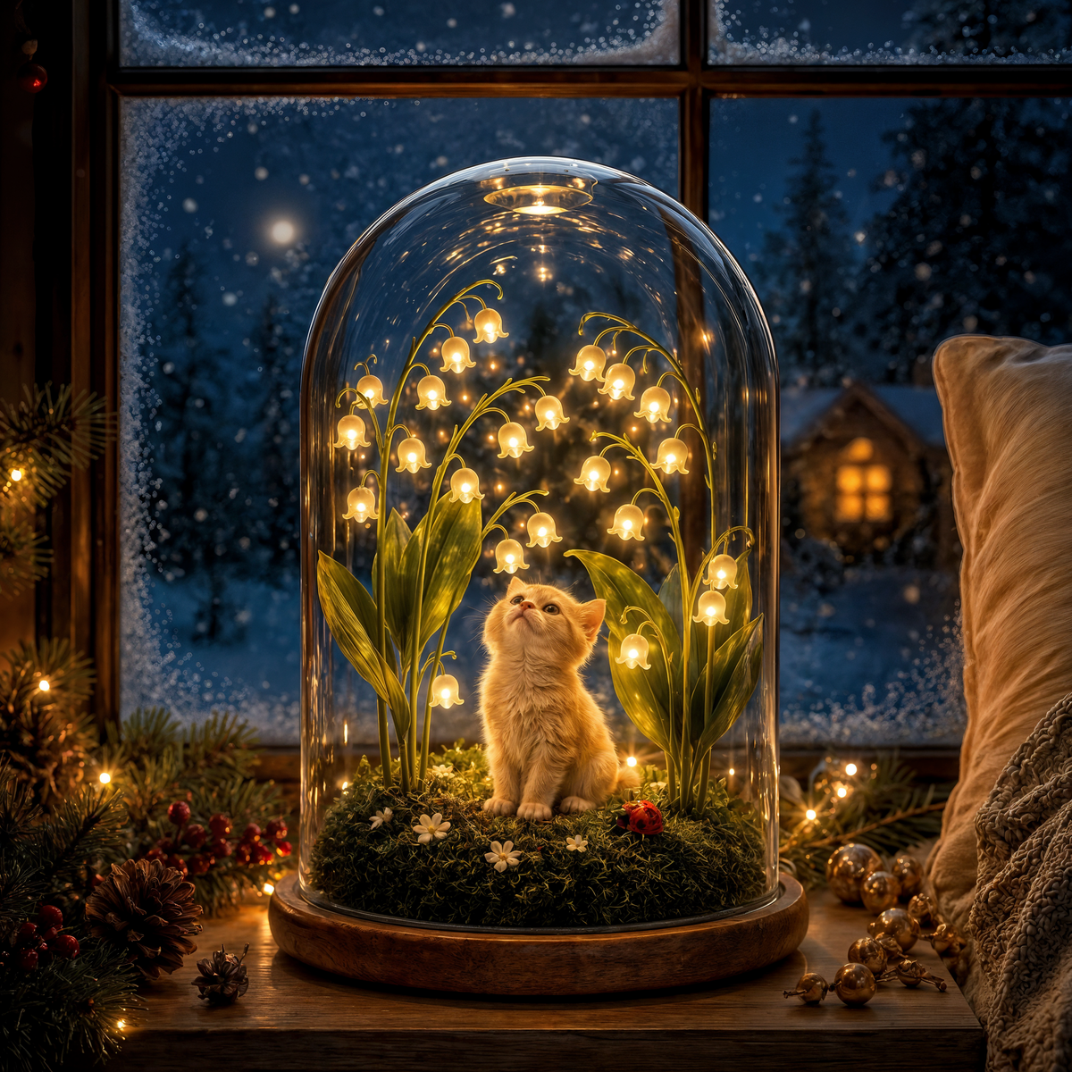 Clay Cat Lily of the Valley Mushroom Night Light
