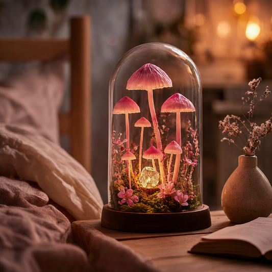 Pink Mushroom Night Light, Crystal Fairy Garden Glass Dome Lamp, Enchanted Woodland Decor, Cottagecore Gift, Magical Forest Home Light